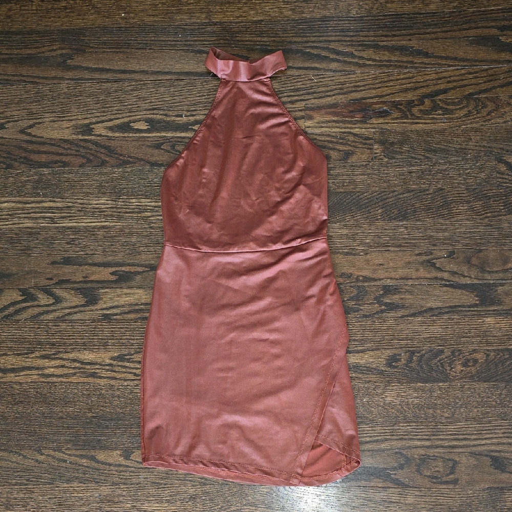 SHEIN Backless Halter Dress in Rich Brown